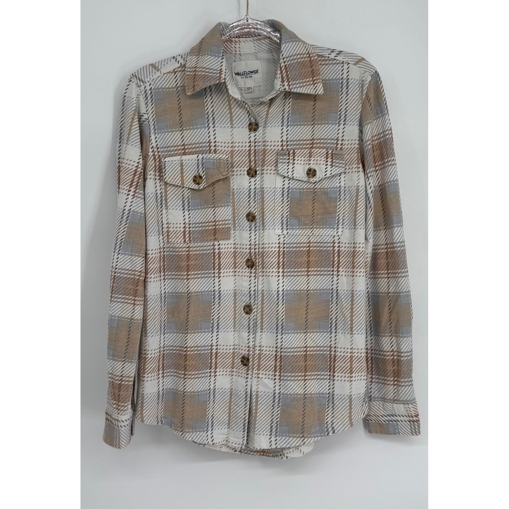 Wallflower Womens Plaid Button Down Shirt Brown Tan Blue Long Sleeve Sz M